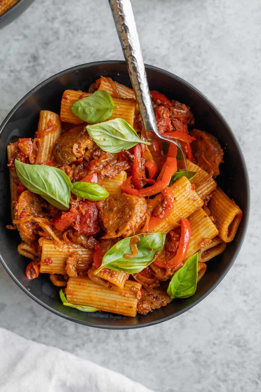 Vegan Rigatoni With Sausage And Peppers In A Big Bowl 