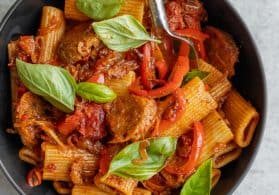 Cropped Vegan Rigatoni with Peppers and Sausage