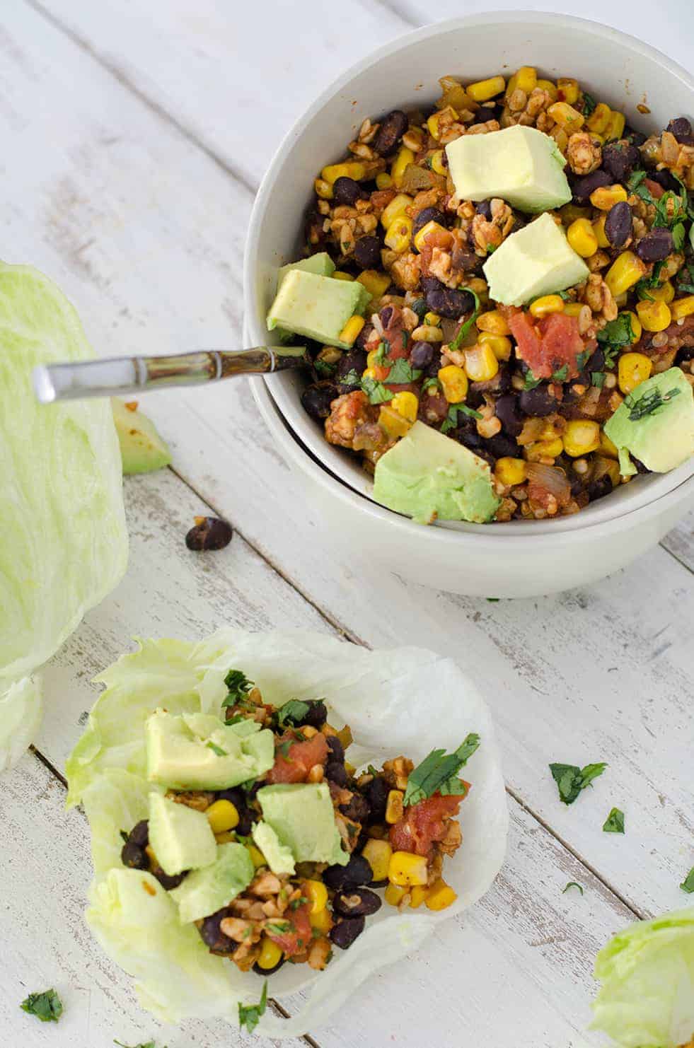 Vegan Taco Lettuce Wraps! High Protein, Lower Calorie Tacos! Spicy Tempeh And Black Bean Taco Meat Wrapped Inside Crispy Lettuce Leaves With Creamy Avocado. | Vegetarian, Vegan And Glutenfree | Www.delishknowledge.com