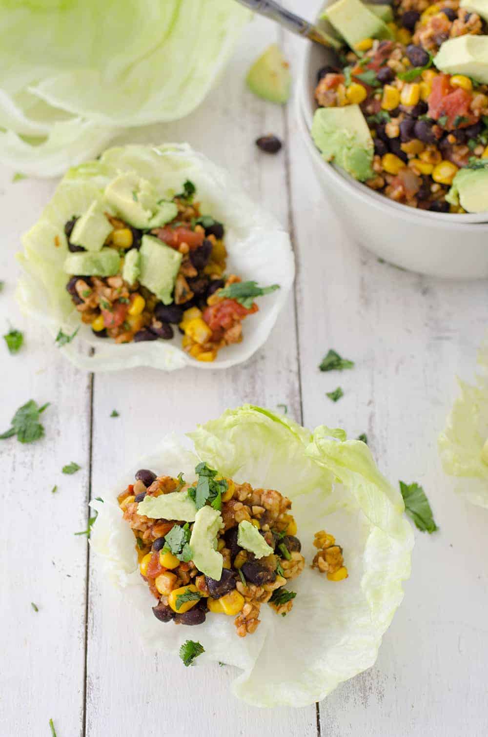 Vegan Taco Lettuce Wraps! High Protein, Lower Calorie Tacos! Spicy Tempeh And Black Bean Taco Meat Wrapped Inside Crispy Lettuce Leaves With Creamy Avocado. | Vegetarian, Vegan And Glutenfree | Www.delishknowledge.com