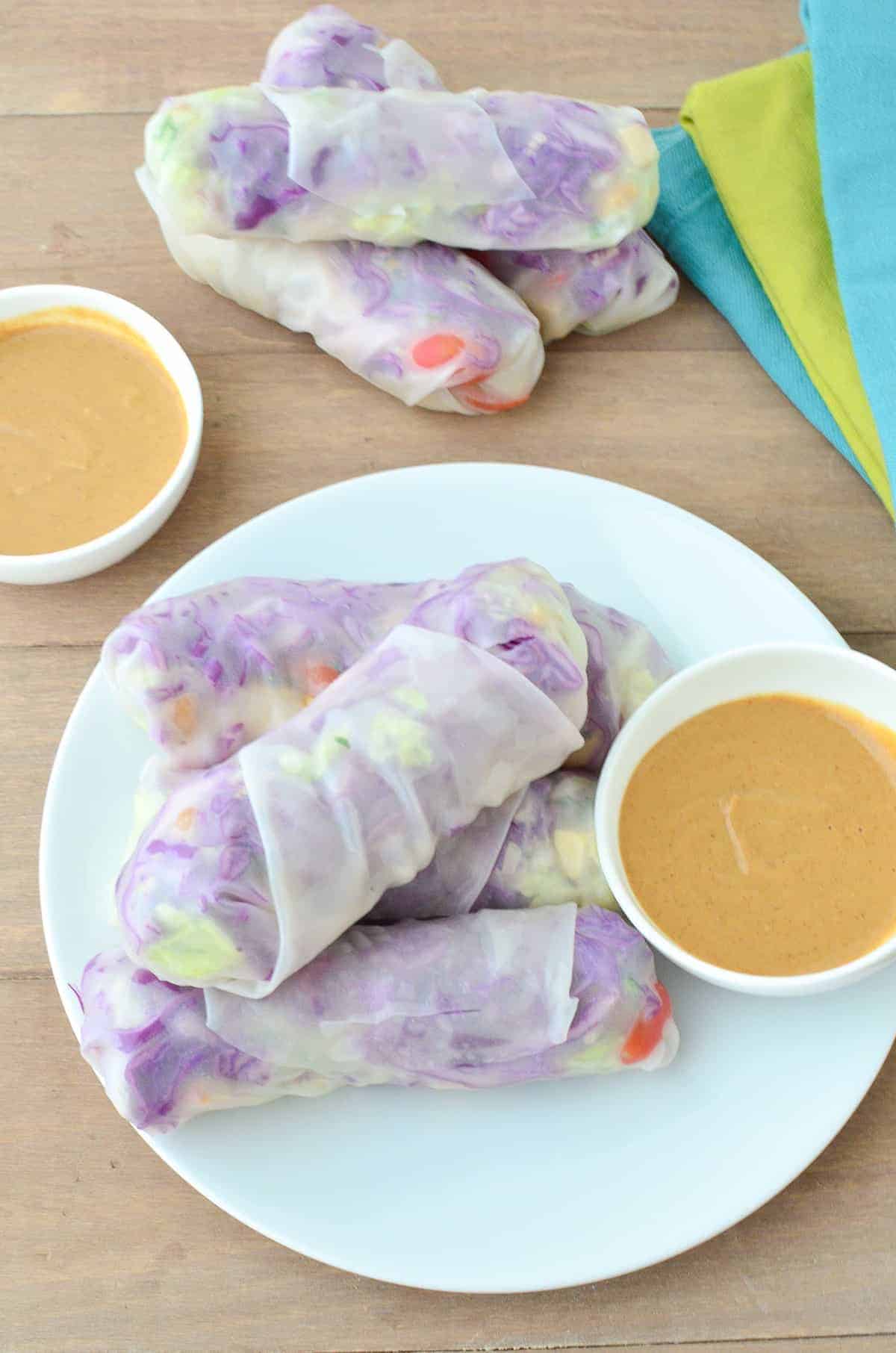 Thai Cabbage Spring Rolls! Spring Rolls Stuffed With Vermicelli Slaw, Baked Tofu, And Shredded Napa And Red Cabbage. Served With Ginger-Peanut Sauce. | Www.delishknowledge.com