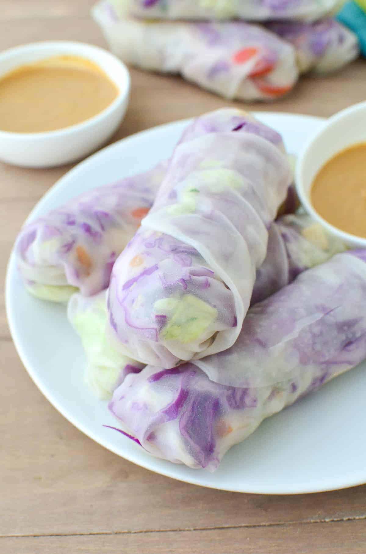 Thai Cabbage Spring Rolls! Spring Rolls Stuffed With Vermicelli Slaw, Baked Tofu, And Shredded Napa And Red Cabbage. Served With Ginger-Peanut Sauce. | Www.delishknowledge.com