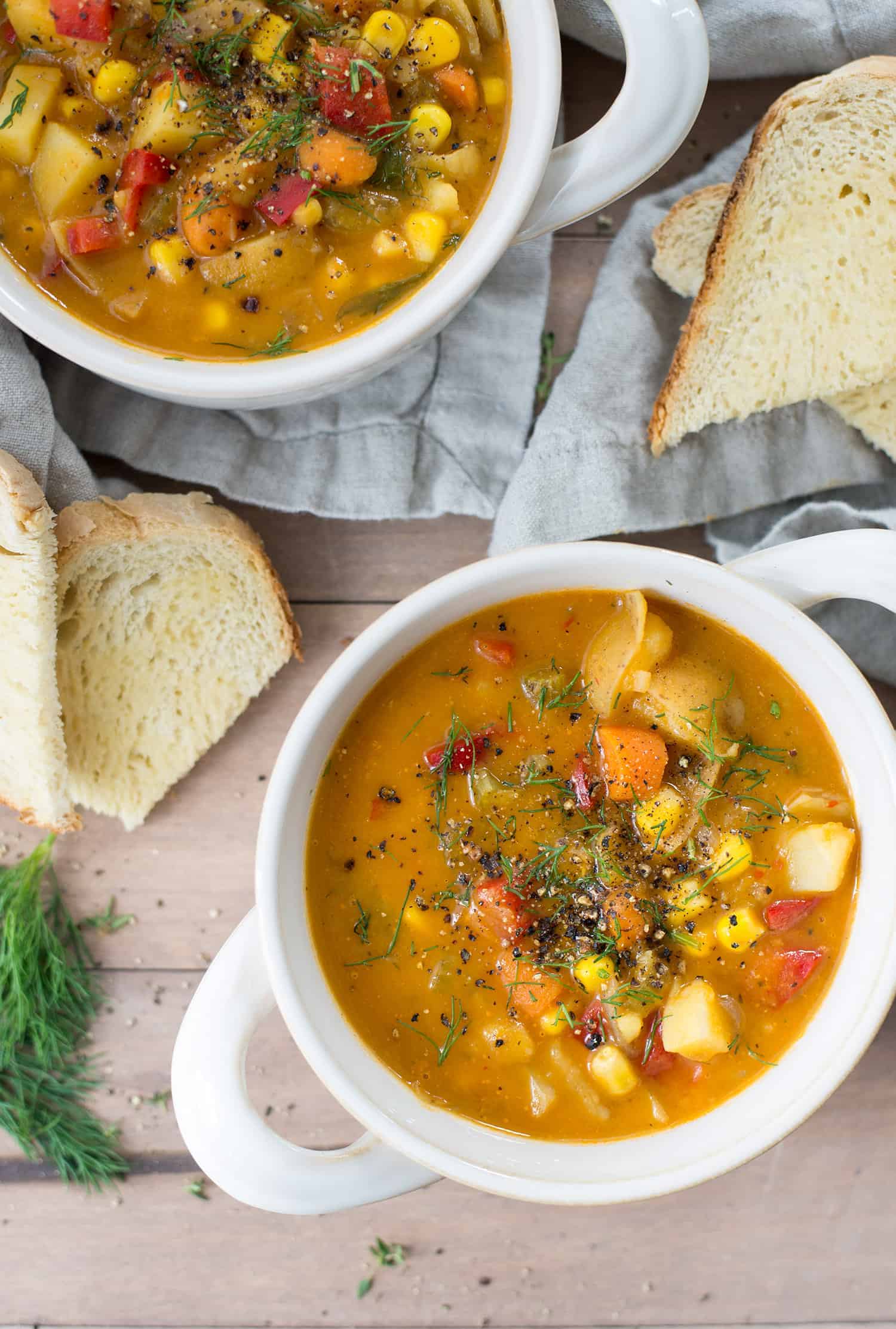 Overhead Shot Of A Bowl Of Chowder With Potatoes And Corn
