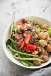 Lentil Nicoise Salad! You will love this protein packed plant-based meal. Potatoes, vegetables, seasoned lentils, green beans and a shallot dressing. Gluten-Free and Vegan | www.delishknowledge.com