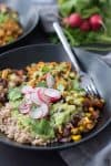 Vegan Tempeh Taco Bowls! These bowls are a MUST-MAKE. Spicy tempeh taco filling, farro, black bean and corn salsa, pickled radishes and a creamy avocado-jalapeno sauce. | delishknowledge.com