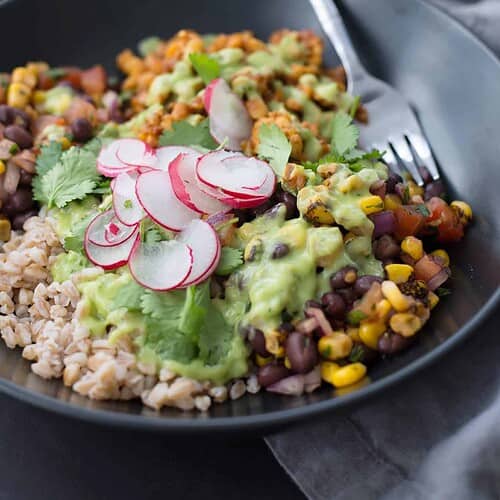 Vegan Tempeh Taco Bowl 9 Vegan Tempeh Taco Bowls! These Bowls Are A Must-Make. Spicy Tempeh Taco Filling, Farro, Black Bean And Corn Salsa, Pickled Radishes And A Creamy Avocado-Jalapeno Sauce. | Delishknowledge.com