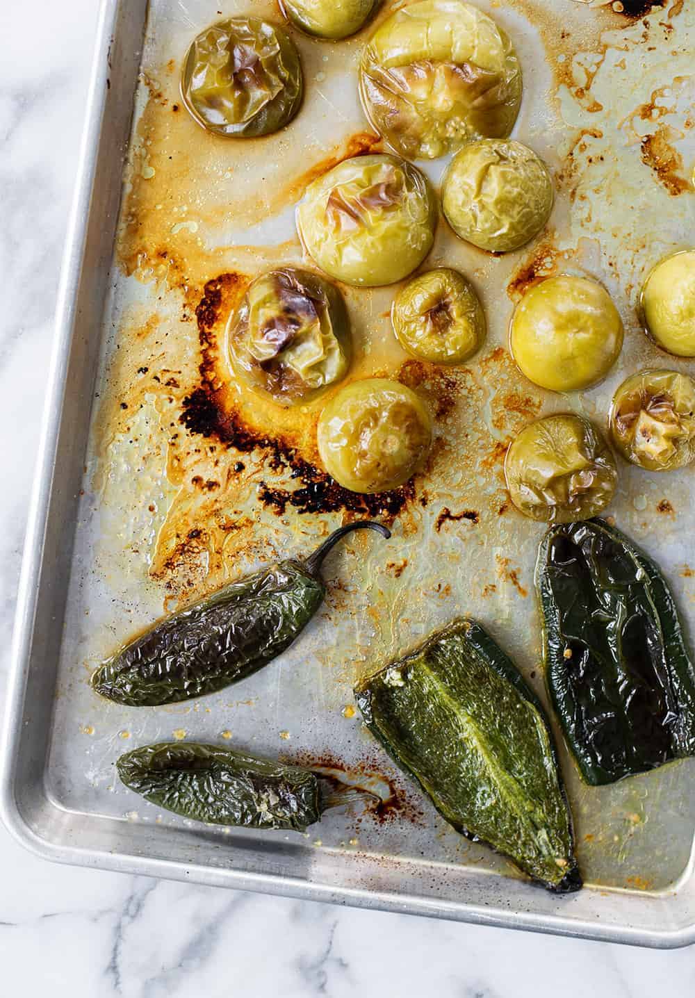 Sheet Pan Of Roasted Tomatillos, Jalapenos And Poblano Peppers