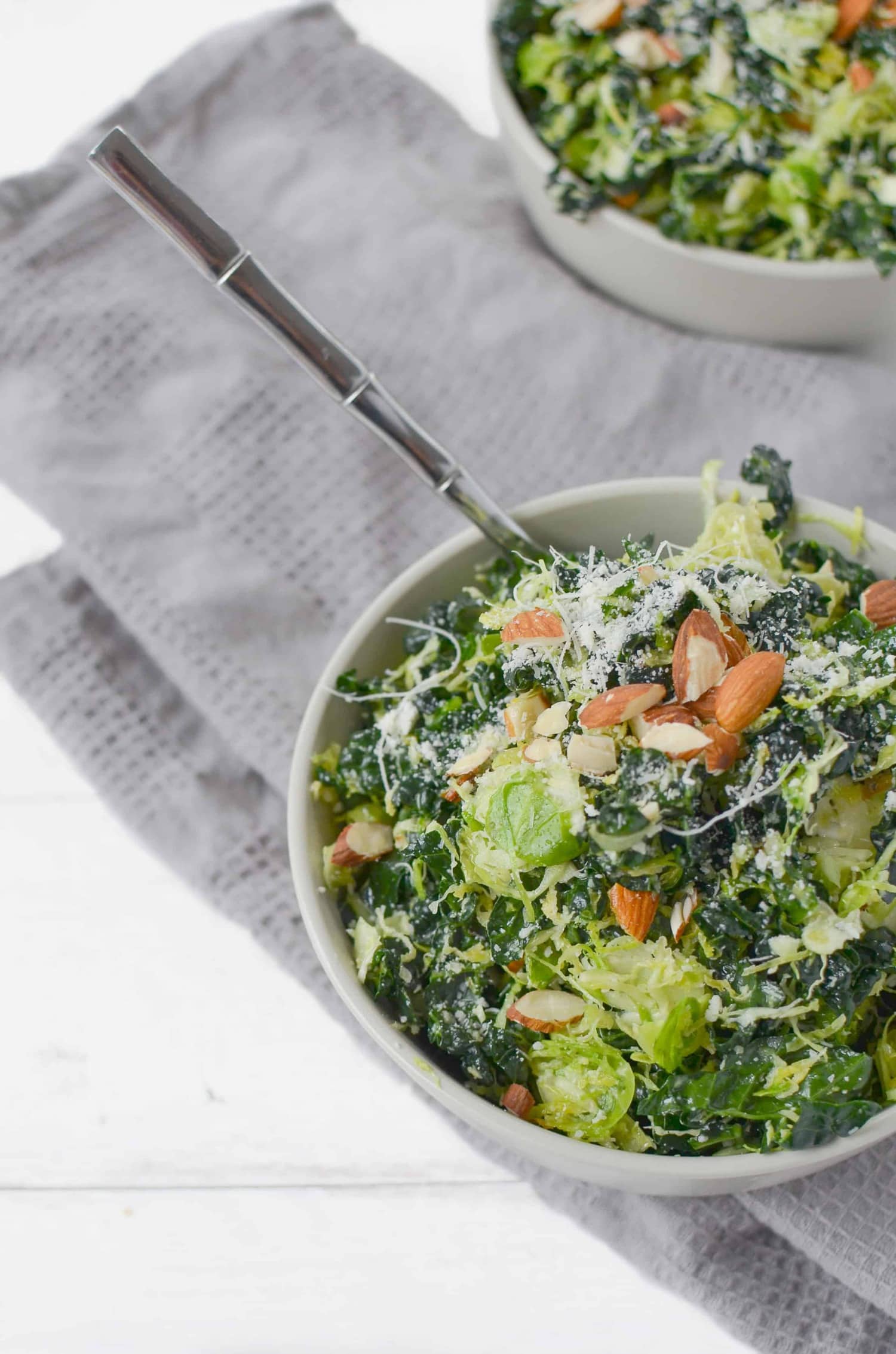 Shredded Brussels Sprouts Salad With Toasted Almonds And Grated Parmesan. The Best Salad, Perfect For Thanksgiving And The Holidays! You Must Make This One. | Www.delishknowledge.com