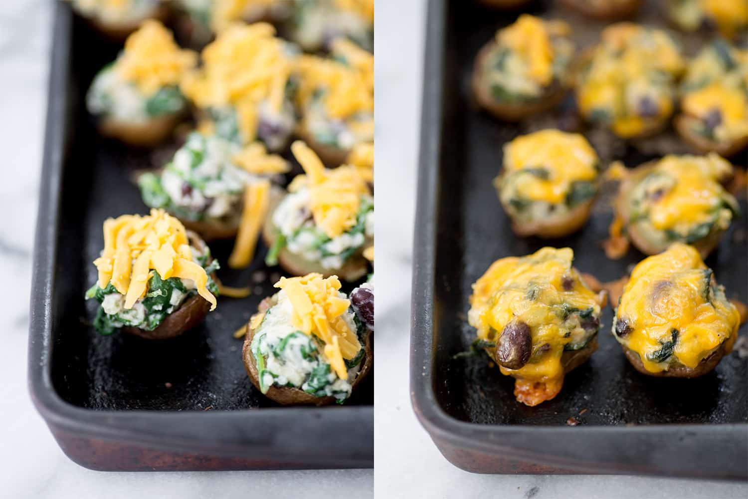 Vegetarian Southwestern Stuffed Potato Skins! Spicy Potato, Beans And Spinach Stuffed Into Potato Skins And Covered With Mexican Cheese. Vegetarian And Gluten-Free | Www.delishknowledge.com 