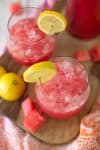 Watermelon Lemonade! Refreshing, lightly sweetened, the perfect beverage for hot summer days! Watermelon puree, fresh lemon juice and sparkling water. Vegan, Gluten-Free | www.delishknowledge.com