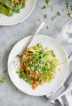 Zoodle Stir Fry with Spicy Peanut Sauce! You've gotta try this one-skillet meal, vegan and gluten-free. Spiralized zucchini, snow peas, carrots and herbs in a spicy peanut sauce. Enjoy as is or add your favorite protein. | www.delishknowledge.com
