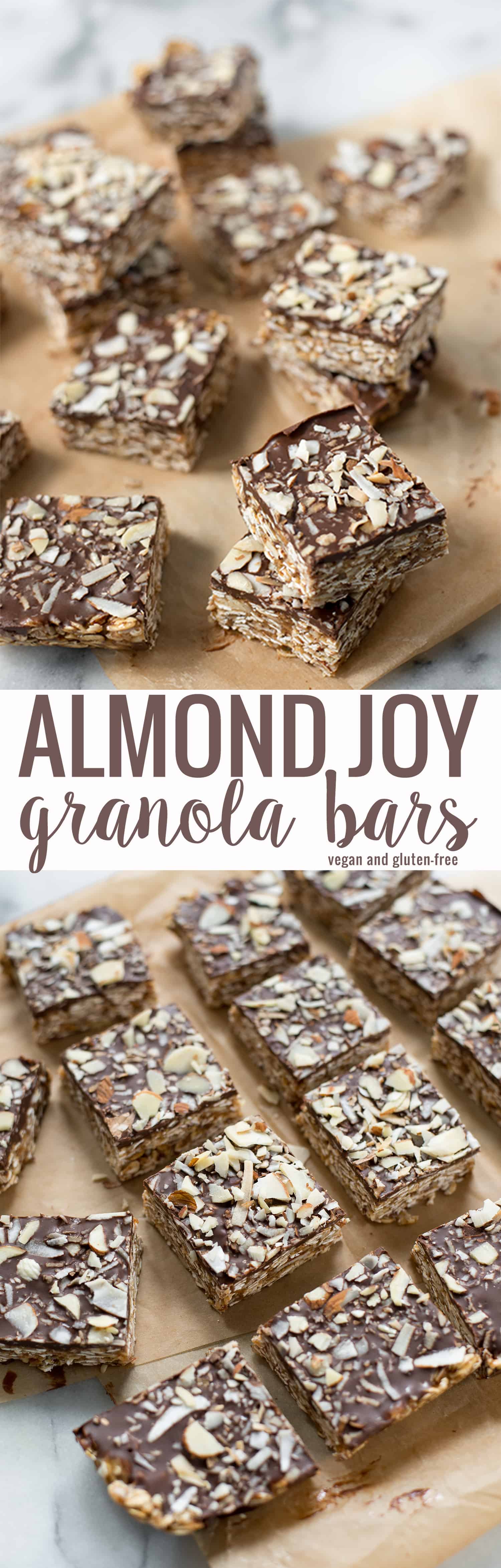 Almond Joy Granola Bars! You are going to love these healthy granola bars, taste just like an almond joy. Oats, toasted coconut and almond butter base with a chocolate topping. Vegan and Gluten-Free. | www.delishknowledge.com