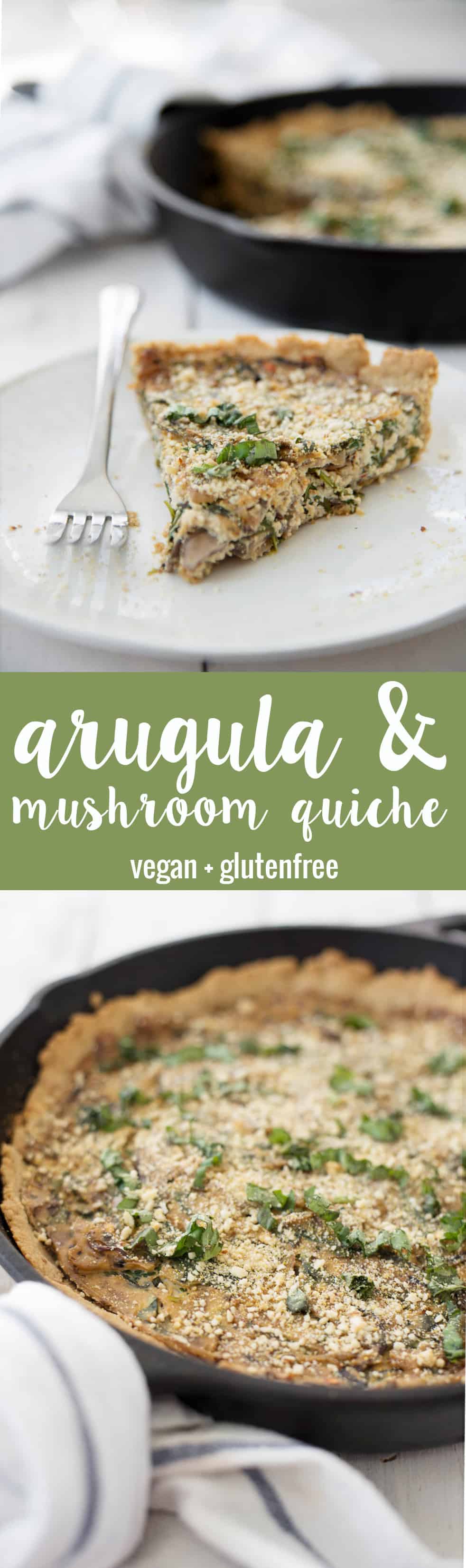 Vegan and Gluten-Free Arugula and Mushroom Quiche! Oat crust topped with mushroom and arugula tofu filling. Hearty meal, perfect for brunch, breakfast or dinner. | www.delishknowledge.com
