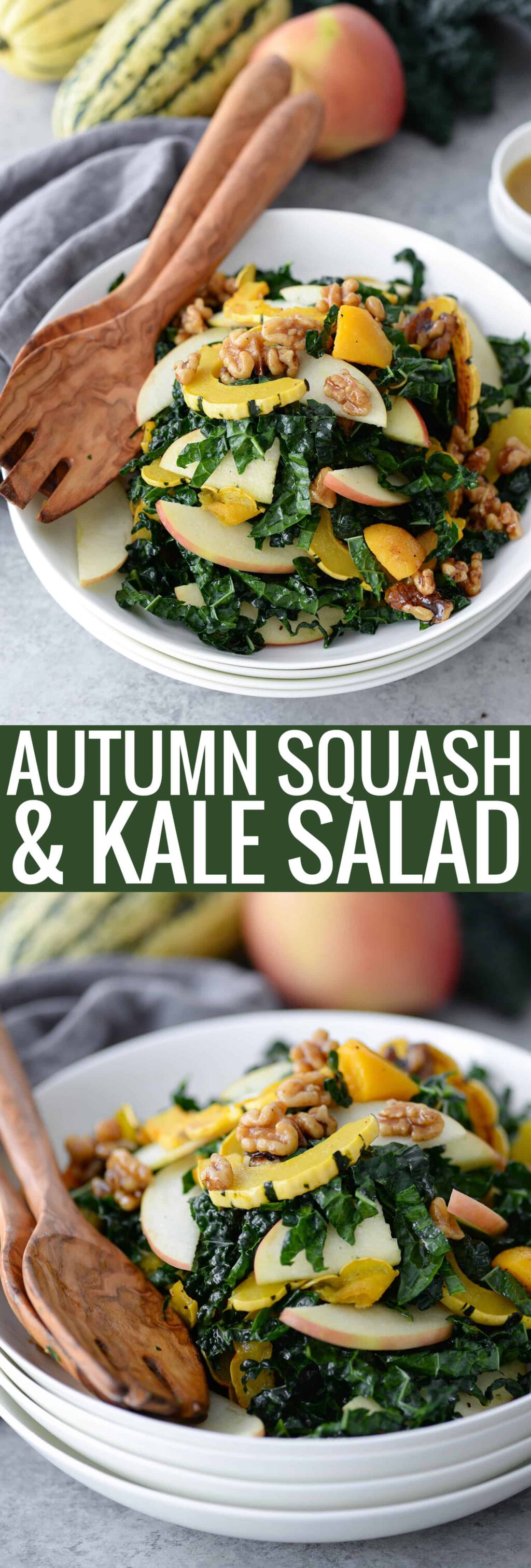 Autumn Squash, Kale and Apple Salad. You've gotta try this Thanksgiving or Holiday salad! Kale, roasted squash, apple and candied walnuts in a maple-cinnamon dressing. #vegan and #glutenfree | www.delishknowledge.com