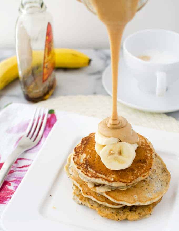 This Is The Best Syrup I'Ve Ever Had! Vegan Chia Pancakes Topped With Velvety, Decadent Maple-Peanut Butter Syrup And Fresh Sliced Bananas!