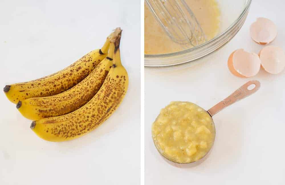 The raw ingredients for the banana nut muffins are simple and easy to get