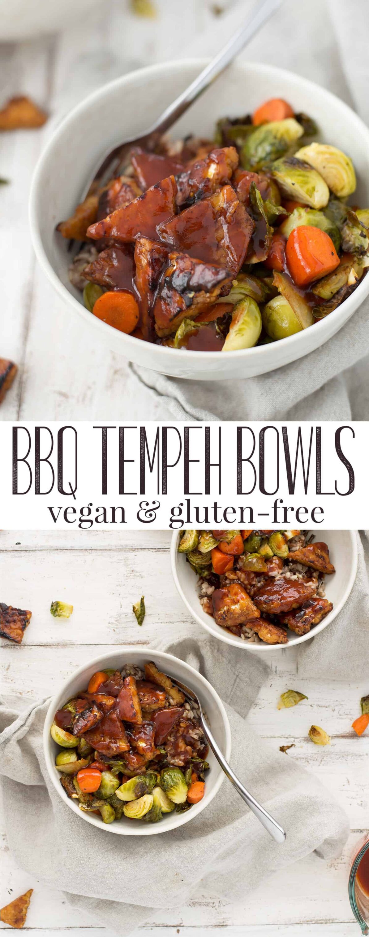Vegan BBQ tempeh Bowl! BBQ roasted tempeh with crispy brussels sprouts and carrots. Served with wild rice. Vegan and Gluten-Free | www.delishknowledge.com