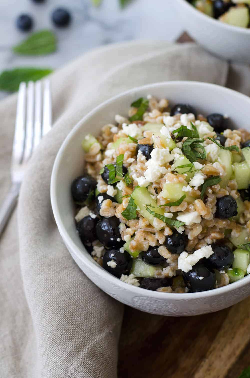 Blueberry And Farro Salad! This Sweet And Salty Salad Is Perfect For Summer Entertaining! Fresh Blueberries, Chewy Farro, Cucumber And Feta In A Lemon-Mint Dressing. Vegetarian | Www.delishknowledge.com