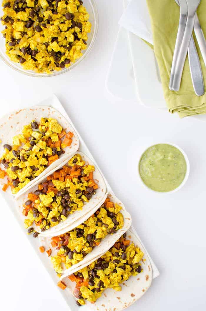 Vegan Breakfast Tacos! High Protein And Full Of Fiber: Pepper Scramble, Roasted Sweet Potatoes And Avocado-Verde Sauce