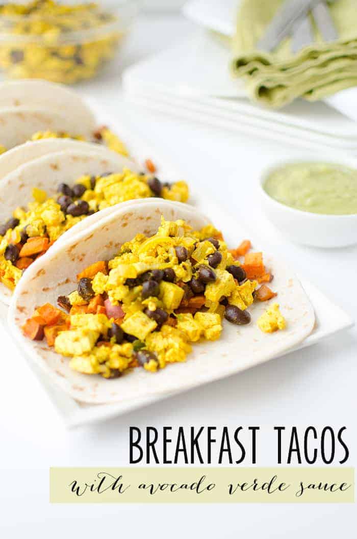 Vegan breakfast tacos! High protein and full of fiber: pepper scramble, roasted sweet potatoes and avocado-verde sauce