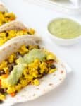 Vegan Breakfast Tacos! High Protein And Full Of Fiber: Pepper Scramble, Roasted Sweet Potatoes And Avocado-Verde Sauce