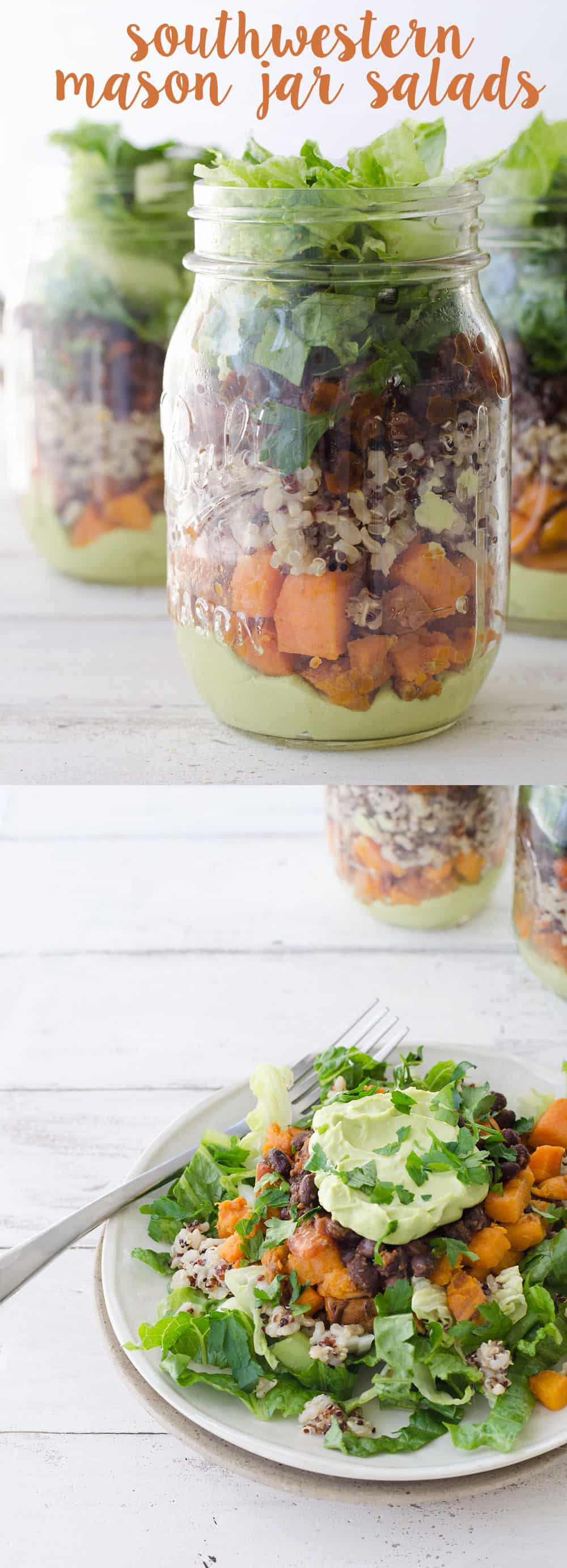 Burrito Bar Mason Jar Salads! Layers Of Avocado Dressing, Roasted Sweet Potato, Quinoa, Black Bean And Crispy Lettuce. Vegan &Amp; Gluten-Free. | Www.delishknowledge.com