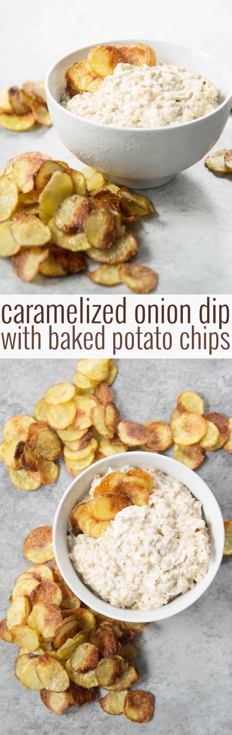 Caramelized Onion Dip with Baked Potato Chips! This appetizer is perfect for summer; easy caramelized onion dip made with greek yogurt and homemade baked potato chips with less oil than traditional chips. Vegetarian, easily vegan using dairy-free versions. | www.delishknowledge.com