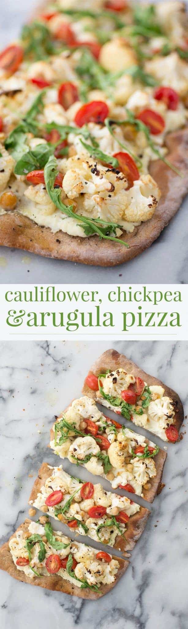 Cauliflower White Pizza. This Cauliflower, Chickpea and Arugula Pizza is a delicious vegetarian option. So, so good. | delishknowledge.com