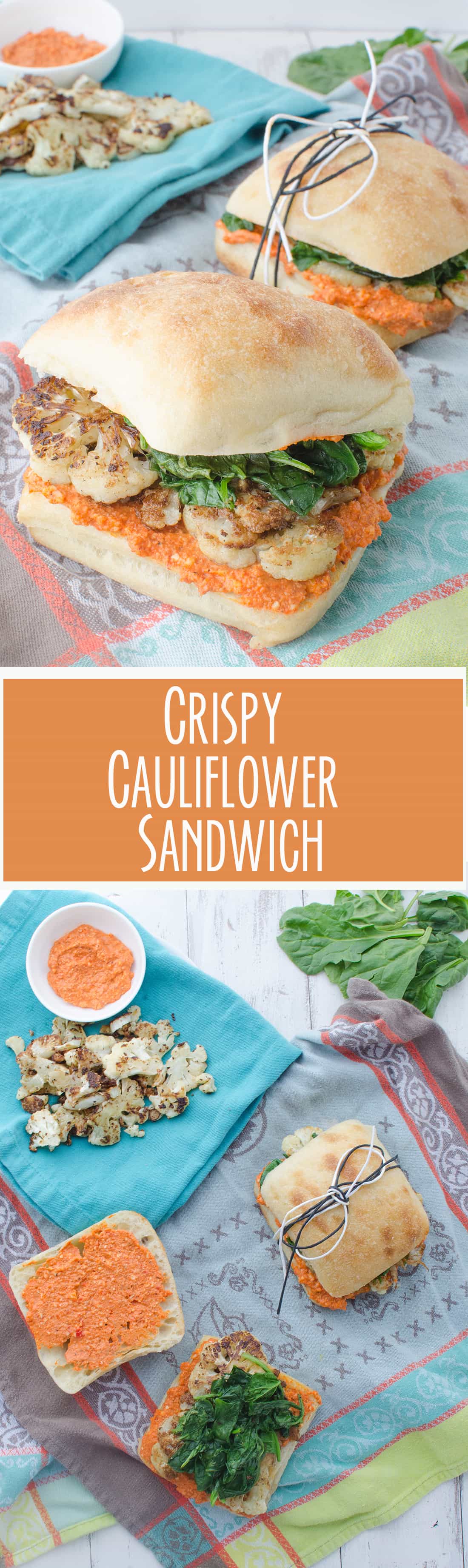 The BEST vegan sandwich! Crispy Cauliflower, Garlic Spinach and Quick Romesco sauce. Perfect for picnics, lunch, or easy dinners. #vegetarian #vegan #healthy | www.delishknowledge.com