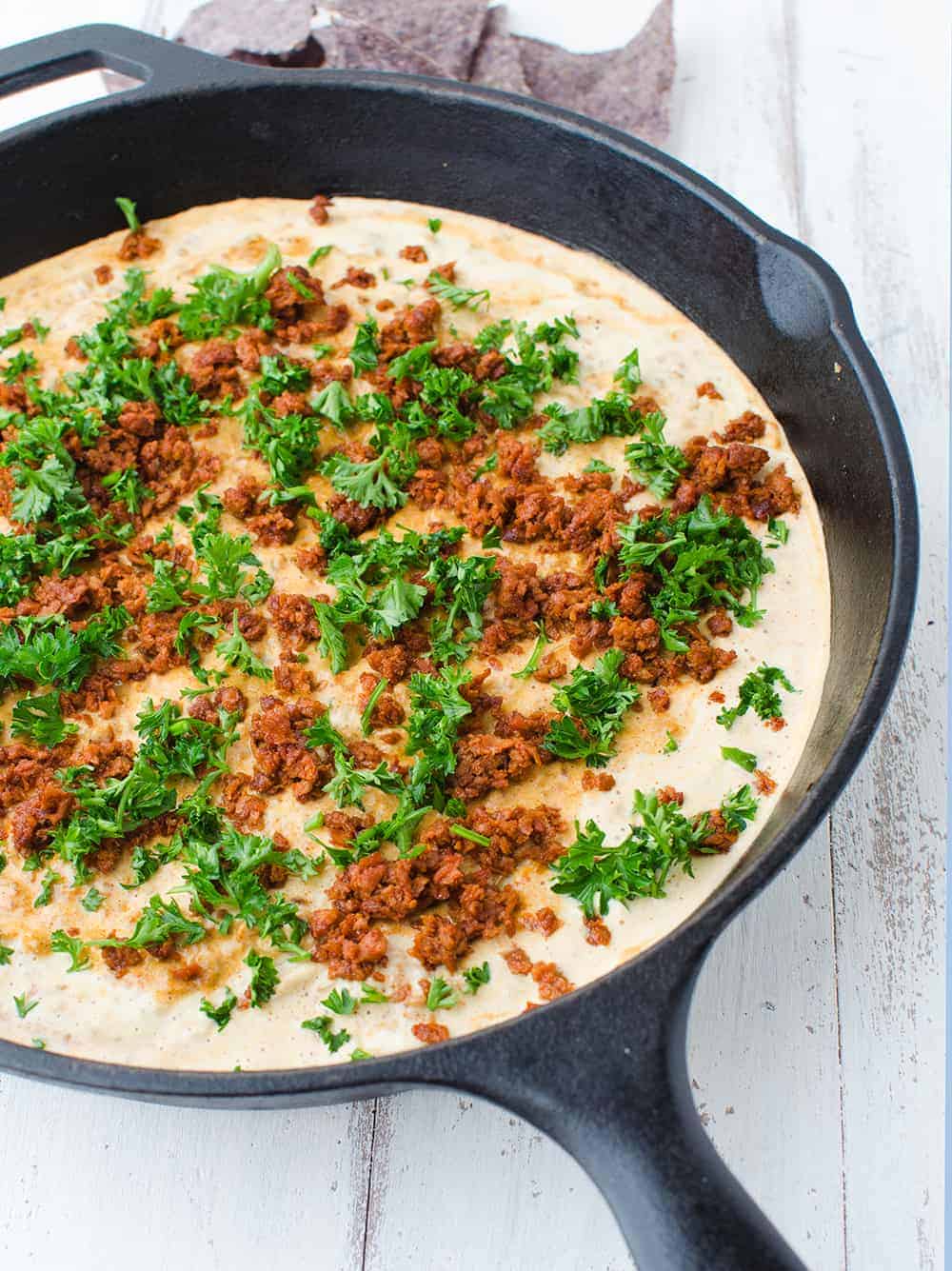 Cheesy Chorizo Dip! Vegan And Gluten Free. This Is One Dip You Will Wanna Make Again And Again. Pepper Jack Cheese Dip With Spicy Meatless Chorizo And Fresh Parsley. | Www.delishknowledge.com