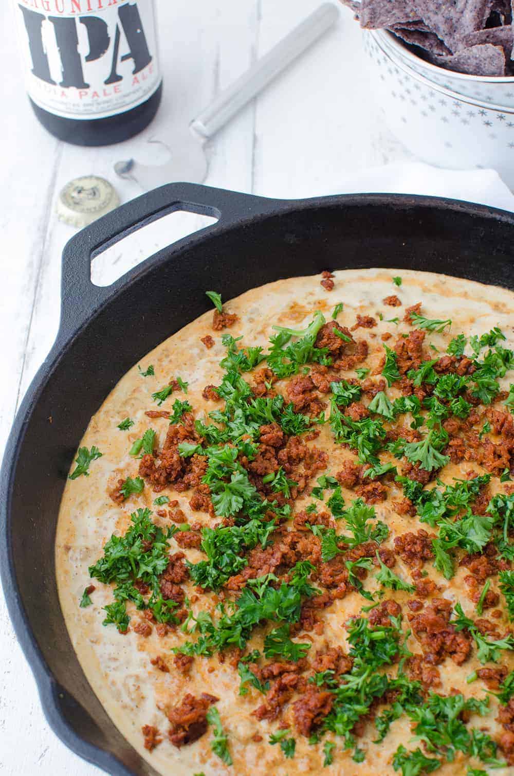 Cheesy Chorizo Dip! Vegan And Gluten Free. This Is One Dip You Will Wanna Make Again And Again. Pepper Jack Cheese Dip With Spicy Meatless Chorizo And Fresh Parsley. | Www.delishknowledge.com