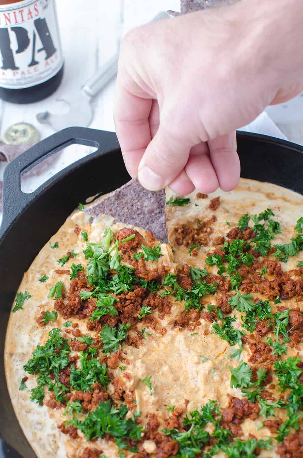 Cheesy Chorizo Dip! Vegan And Gluten Free. This Is One Dip You Will Wanna Make Again And Again. Pepper Jack Cheese Dip With Spicy Meatless Chorizo And Fresh Parsley. | Www.delishknowledge.com