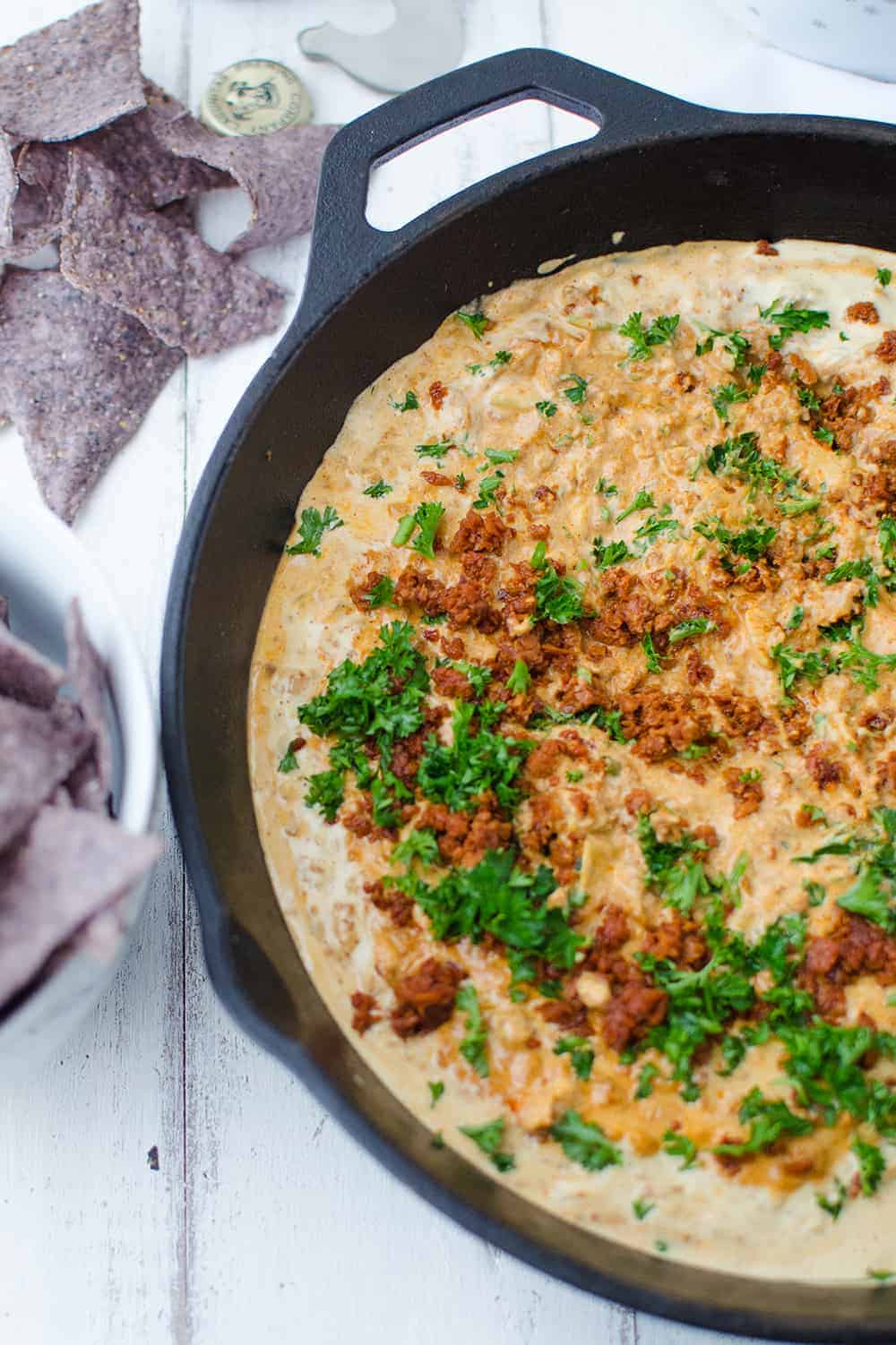 Cheesy Chorizo Dip! Vegan And Gluten Free. This Is One Dip You Will Wanna Make Again And Again. Pepper Jack Cheese Dip With Spicy Meatless Chorizo And Fresh Parsley. | Www.delishknowledge.com