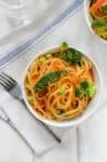 Vegan Coconut Curry Noodle Bowls! 2 servings of vegetables in every bowl! Linguini & Vegetables simmered in a coconut red curry sauce. Ready in less than 30 minutes! | www.delishknowledge.com