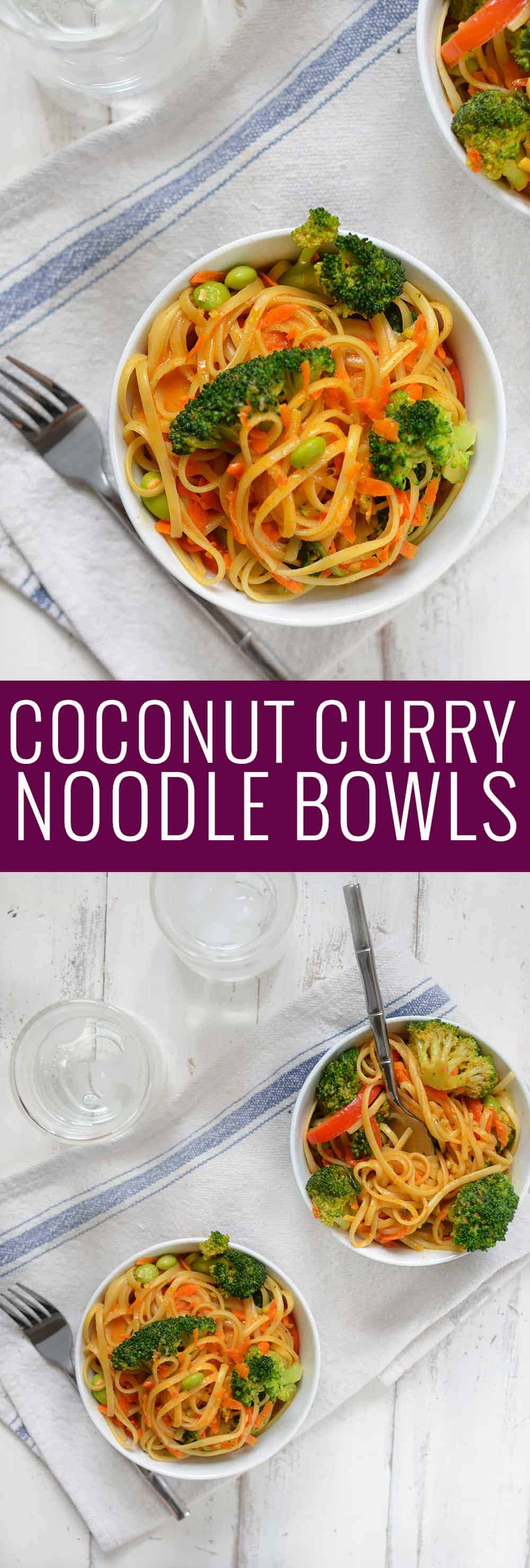 Vegan Coconut Curry Noodle Bowls! 2 servings of vegetables in every bowl! Linguini & Vegetables simmered in a coconut red curry sauce. Ready in less than 30 minutes! | www.delishknowledge.com