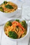 Vegan Coconut Curry Noodle Bowls! 2 servings of vegetables in every bowl! Linguini & Vegetables simmered in a coconut red curry sauce. Ready in less than 30 minutes! | www.delishknowledge.com