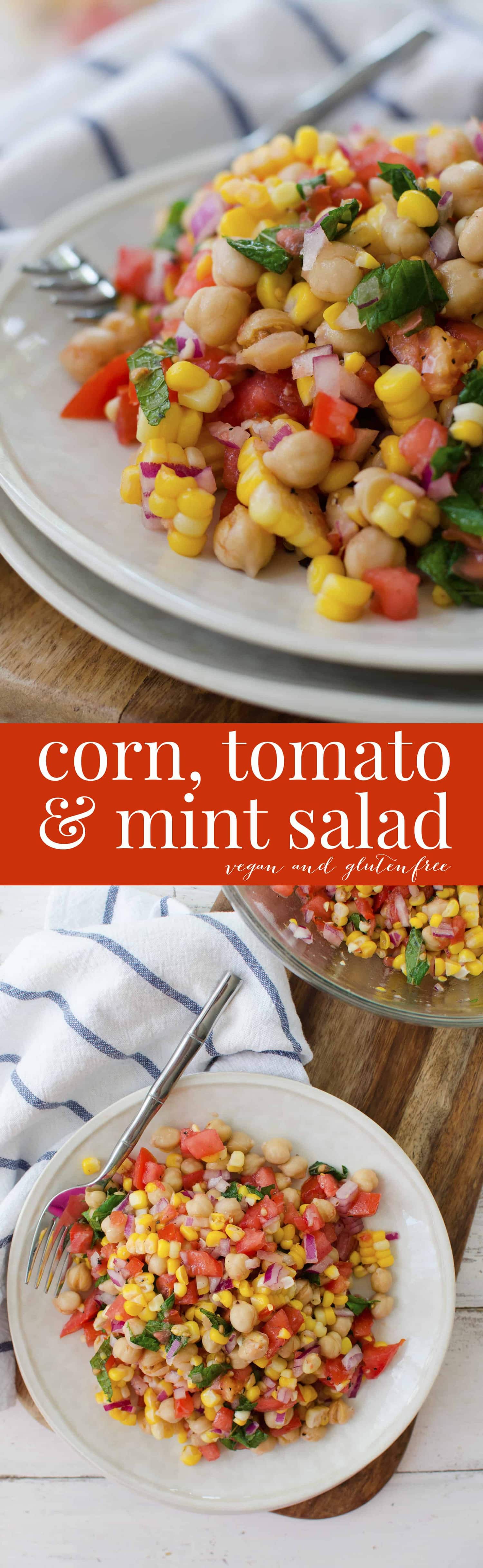 Corn, Tomato and Mint Salad! This gluten-free, vegan side dish is perfect for summer! Juicy tomatoes, fresh corn, onion, chickpeas and a lemon mint dressing. High-fiber and full of protein! | www.delishknowledge.com