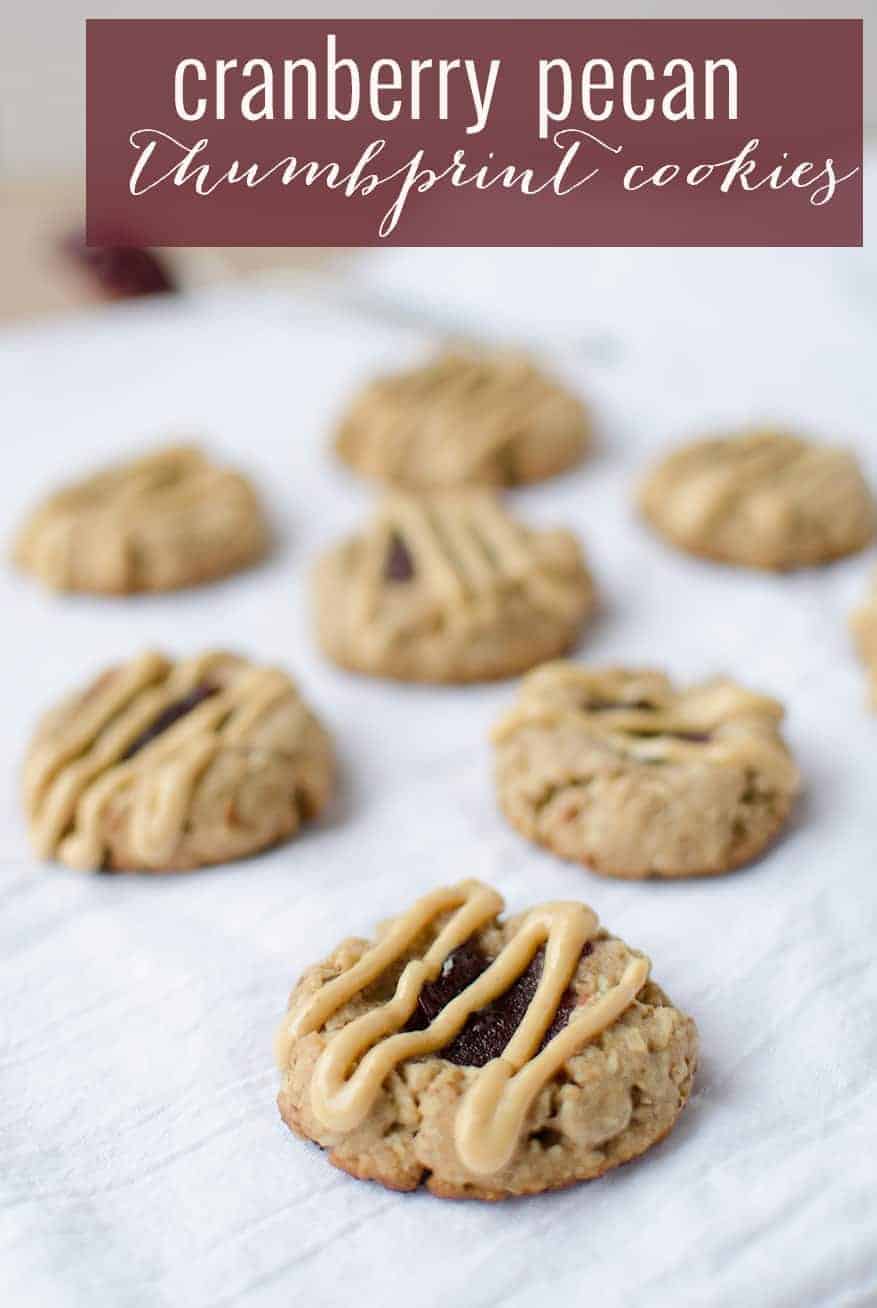 Thumbprint Cookies! Pecan Cookies Topped With Cranberry Jam And Peanut Butter Drizzle. Wholesome, Naturally Sweetened And Vegan! | Www.delishknowledge.com