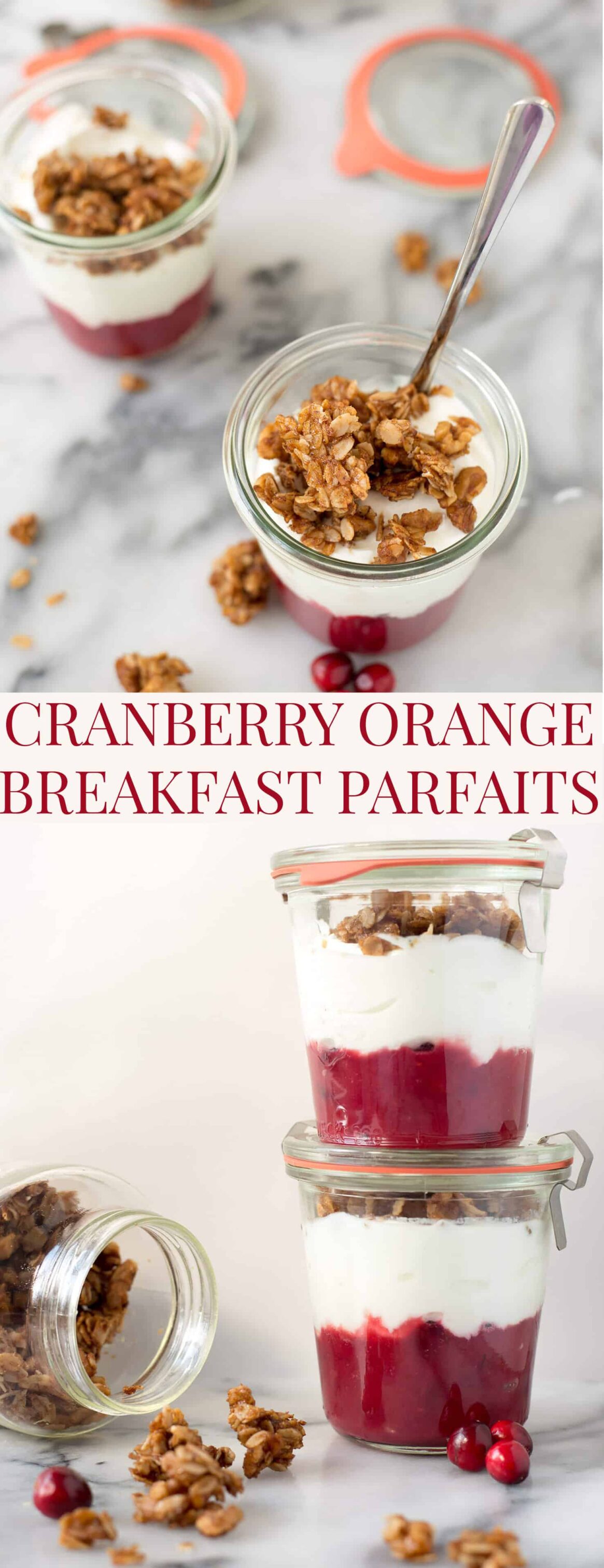 Cranberry Breakfast Parfaits! Layers of cranberry orange compote, greek yogurt and homemade spiced granola. Super easy and perfect for busy weekdays. | www.delishknowledge.com