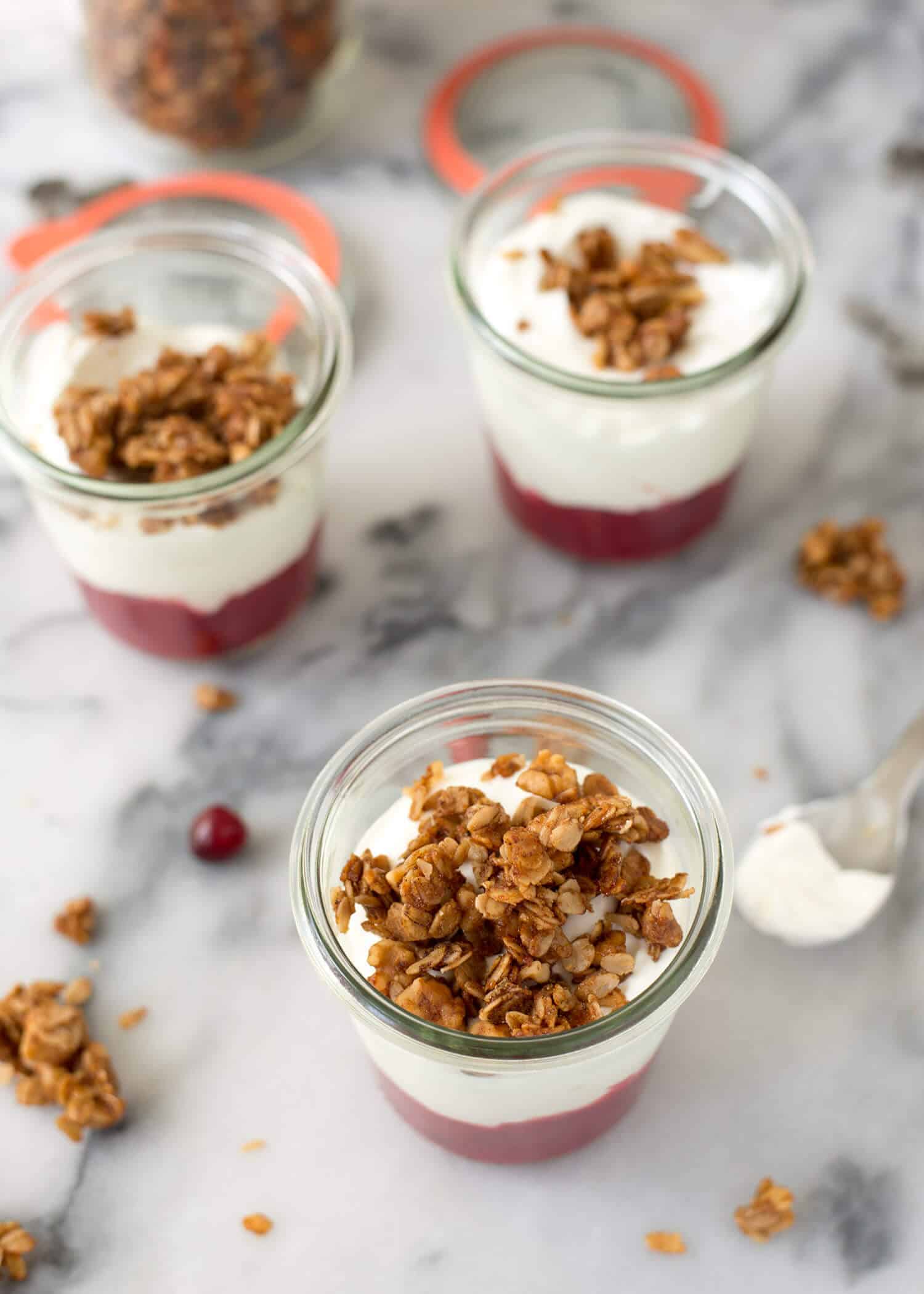 Cranberry Breakfast Parfaits! Layers Of Cranberry Orange Compote, Greek Yogurt And Homemade Spiced Granola. Super Easy And Perfect For Busy Weekdays. | Www.delishknowledge.com