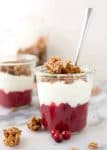 Cranberry Breakfast Parfaits! Layers of cranberry orange compote, greek yogurt and homemade spiced granola. Super easy and perfect for busy weekdays. | www.delishknowledge.com