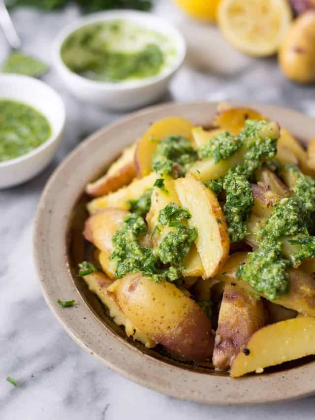 Lemon Panfried Potatoes With Chive Pesto Story Delish Knowledge