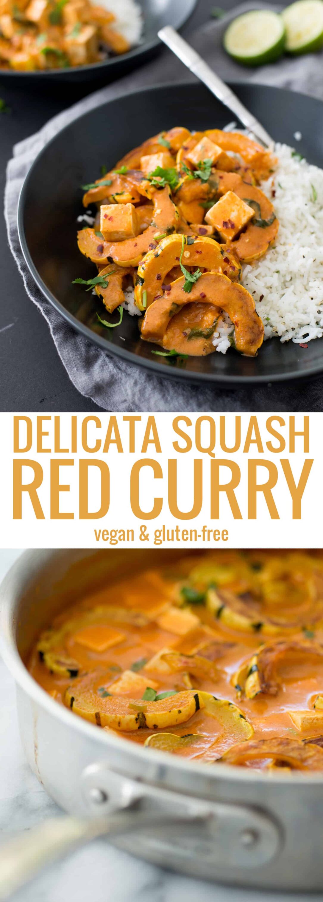 Vegan Delicata Squash Red Curry! If you're looking for a healthy, plant-based dinner- this is it! Simmered tofu and squash in a mild red curry sauce. Easily gluten-free. | www.delishknowledge.com