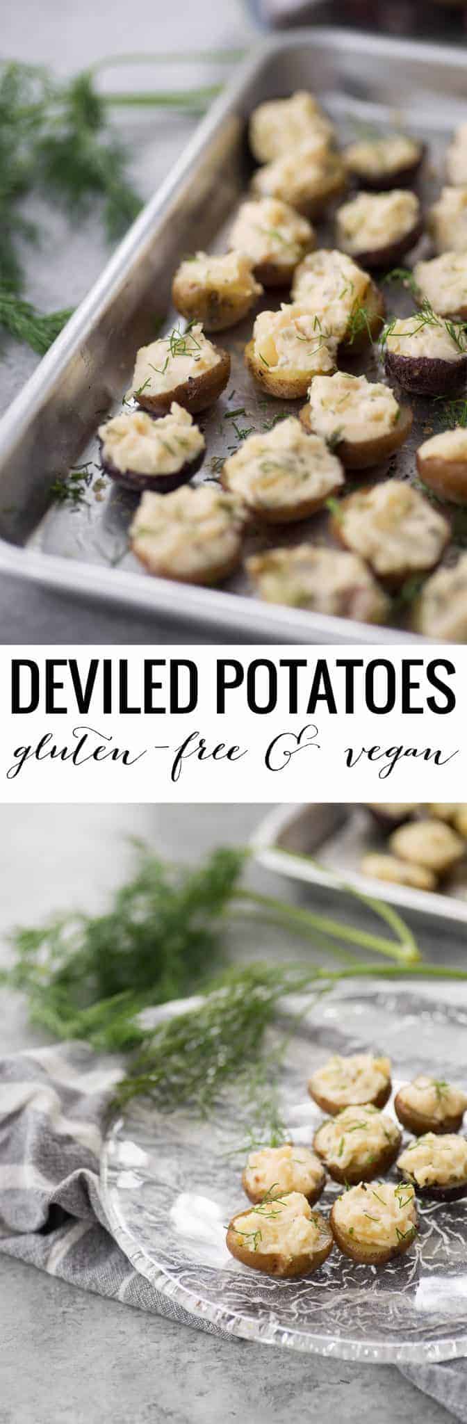 Deviled Potatoes! These mini potatoes are the perfect Spring appetizer. Crispy potato shells stuffed with deviled dill potato filling. Vegan and Gluten-Free. | www.delishknowledge.com