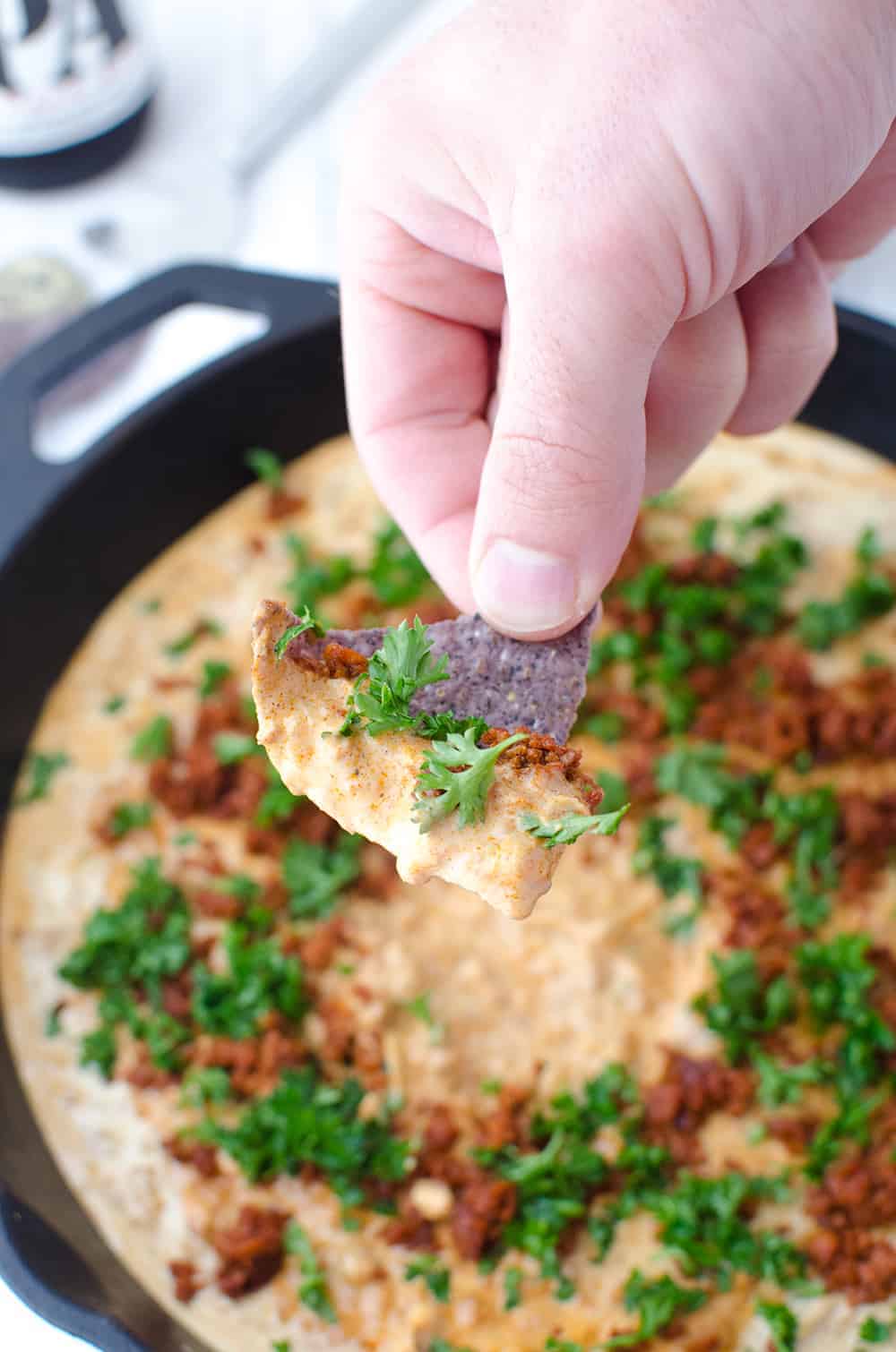 Cheesy Chorizo Dip! Vegan And Gluten Free. This Is One Dip You Will Wanna Make Again And Again. Pepper Jack Cheese Dip With Spicy Meatless Chorizo And Fresh Parsley. | Www.delishknowledge.com