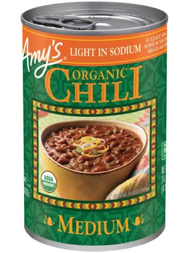 The 10 Healthiest Canned Soups 2 A Can Of Amy’s Organic Chili, Medium, Light In Sodium. The Green And Orange Label Highlights One Of The Healthiest Canned Soup Options, Topped With Cheese, Jalapeño, And Featuring The Usda Organic Logo.