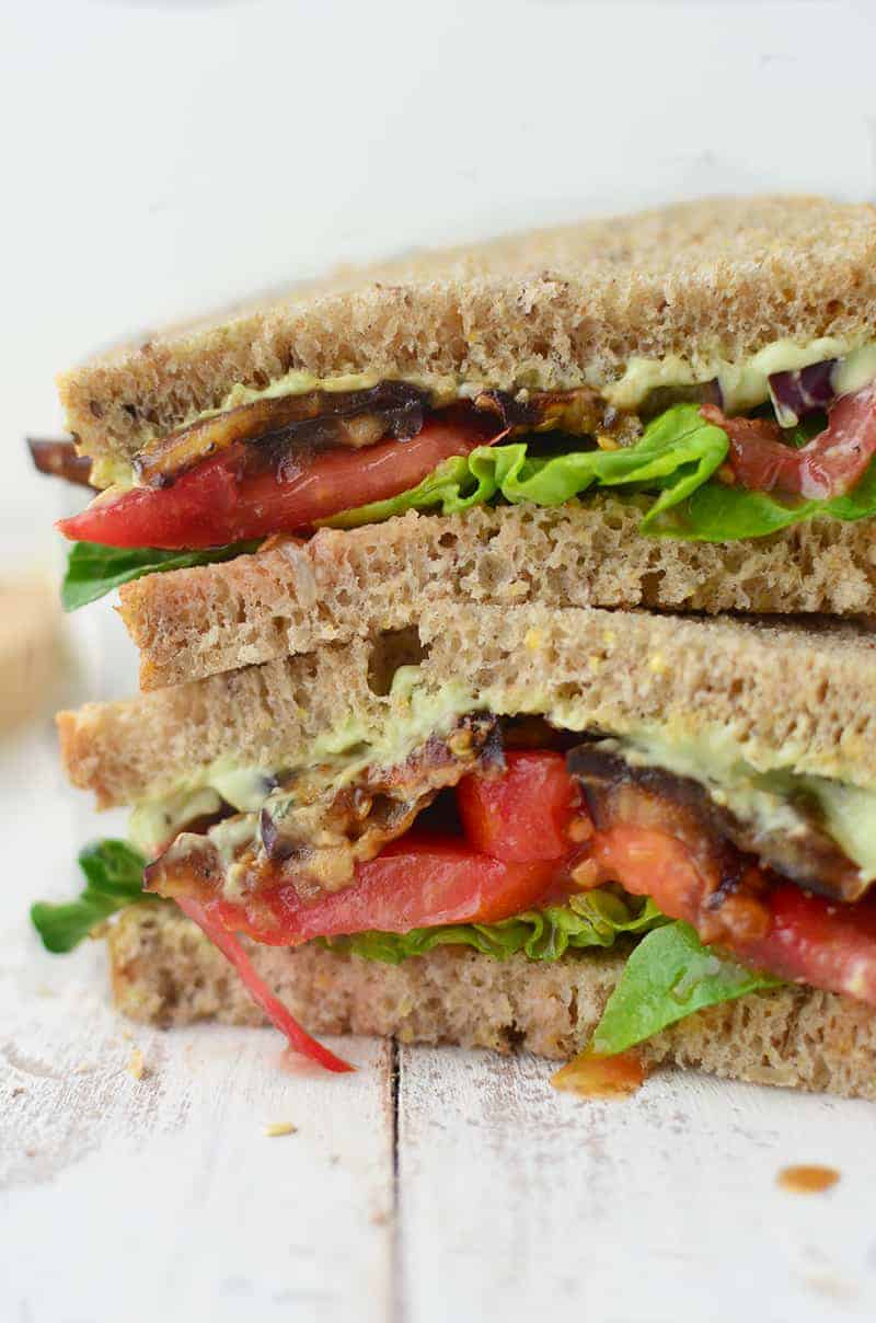 Eggplant Bacon Blt! These Vegan Blts Are Made With Homemade Eggplant Bacon And An Avocado Cream Sauce! #Vegan #Vegetarian | Www.delishknowledge.com