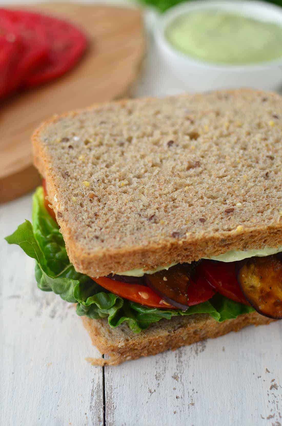 Eggplant Bacon Blt! These Vegan Blts Are Made With Homemade Eggplant Bacon And An Avocado Cream Sauce! #Vegan #Vegetarian | Www.delishknowledge.com