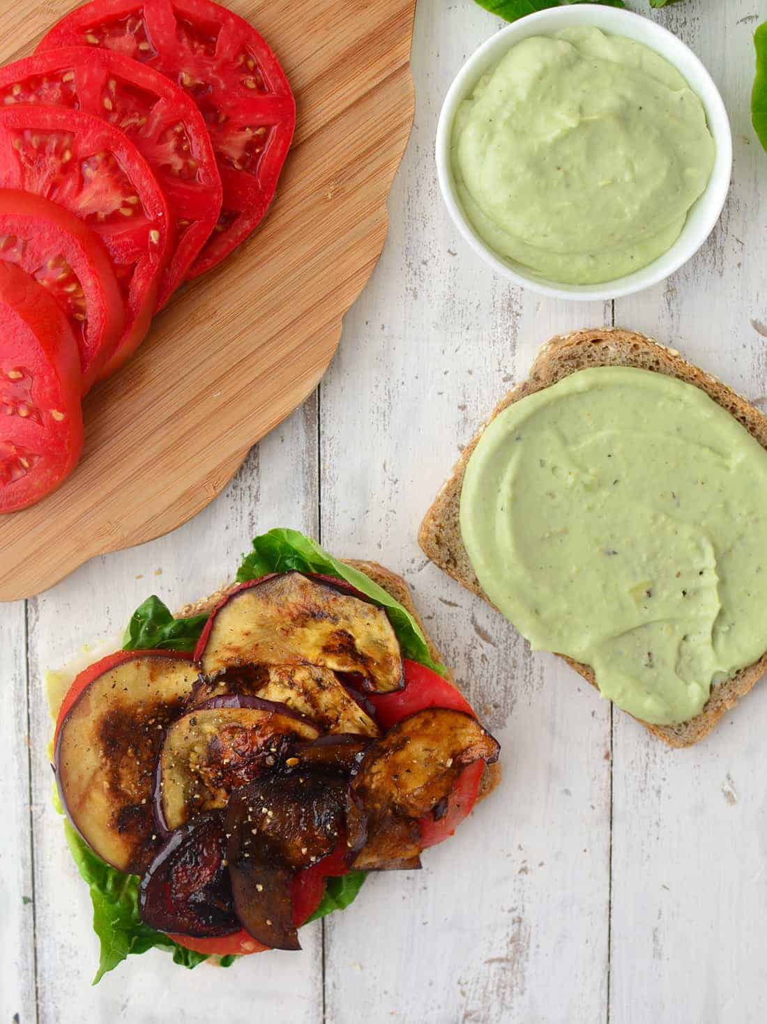 Eggplant Bacon Blt! These Vegan Blts Are Made With Homemade Eggplant Bacon And An Avocado Cream Sauce! #Vegan #Vegetarian | Www.delishknowledge.com