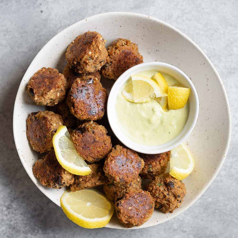morroccan eggplant meatballs with creamy lemon sauce